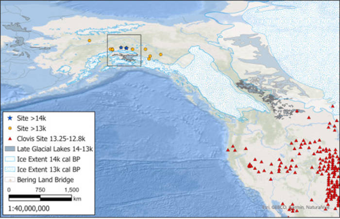Map of Beringa glaciation and archaeological sites.