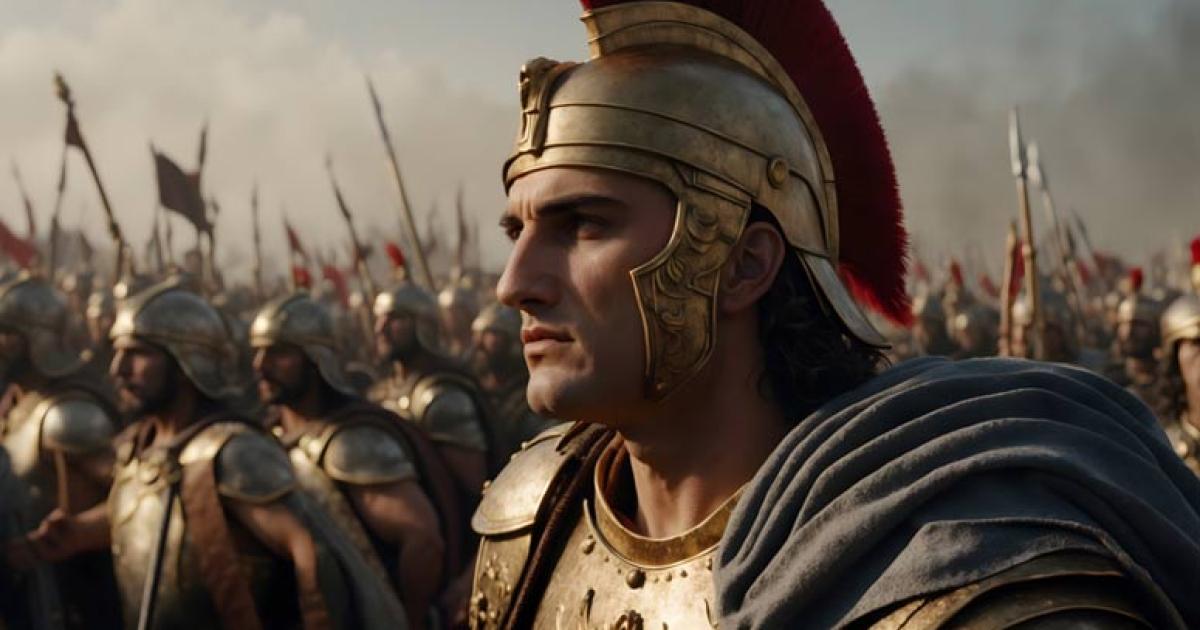 Alexander the Great standing in front of his army, Battle of Jaxartes. AI generated image. Source: Amir Bajric/Adobe Stock	