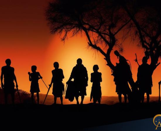 Silhouettes of African aborigines at sunset.
