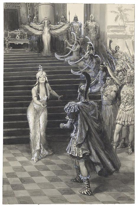 A 1906 drawing by A. M. Faulkner of Cleopatra greeting Mark Antony in Shakespeare's Antony and Cleopatra from the Folger Shakespeare Library collection. (A. M. Faulkner / CC BY-SA 4.0)