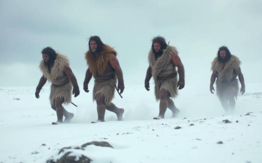 Early humans walking in Ice Age conditions in prehistoric Britain.
