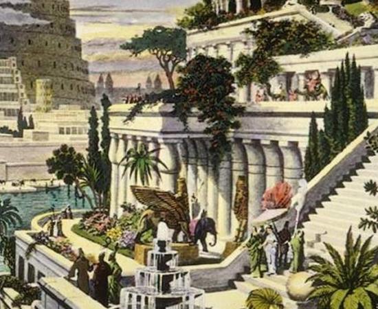 Hand-colored engraving of the Hanging Gardens of Babylon (19th Century)