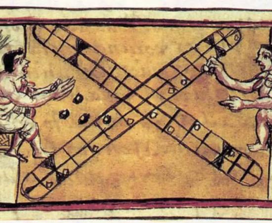 Patolli, a gambling game invented by the early inhabitants of Mesoamerica, where players raced to move pebbles from one end of a cross-shaped track to the other. 