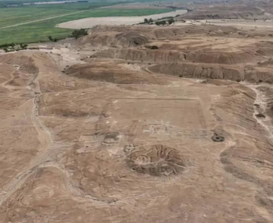 Aerial view of stone platform and rectangular plaza documented at Chicama. 