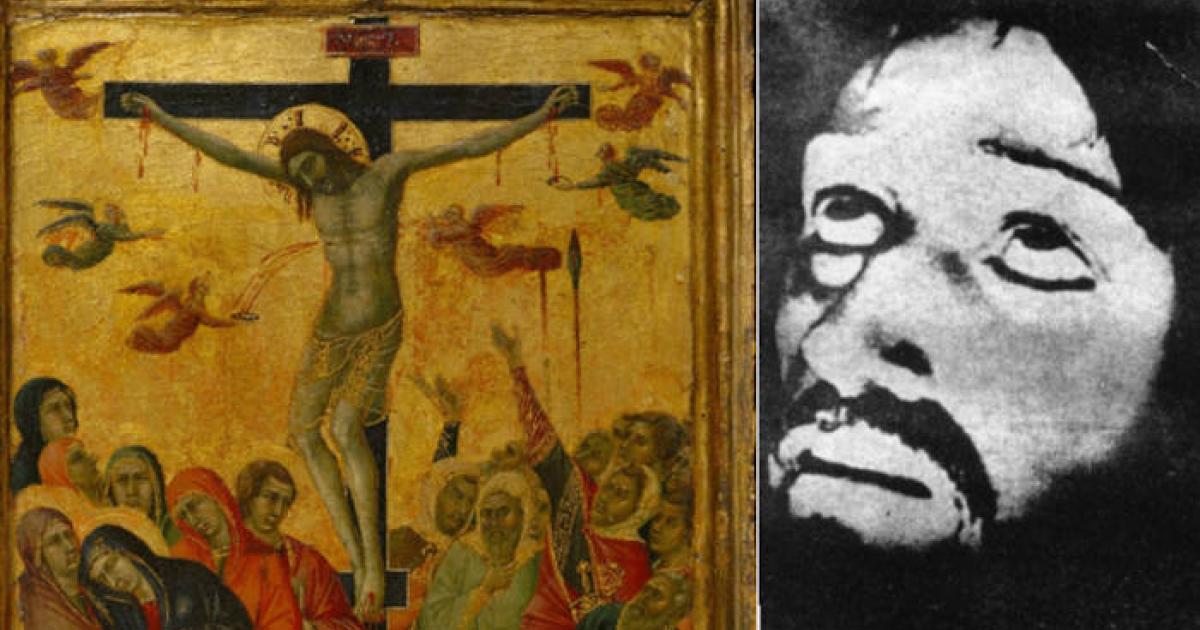 Left; The Crucifixion by André d'Ypres / Dreux Budé Master (before 1440), Getty Centre. Right; Alleged image of Christ from the chronovisor.  