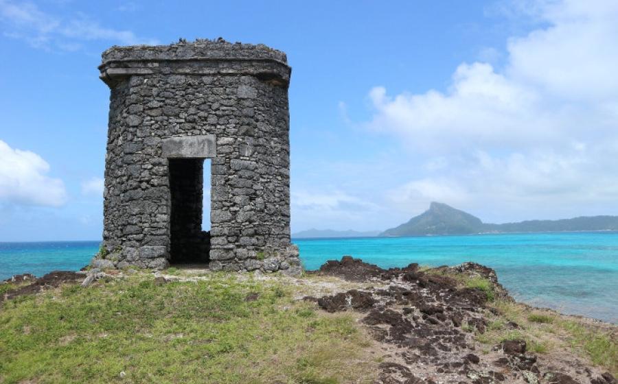 Coral watch tower on Mata Kuiti Point, Aukena Island, French Polynesia. 
