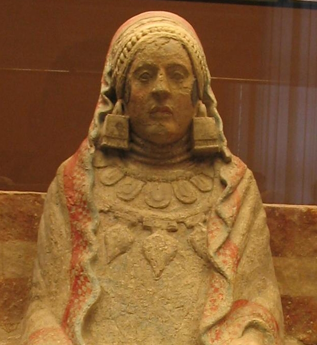The Lady of Baza is a famous example of Iberian sculpture by the Bastetani. It is a limestone female figure with traces of painted detail in a stuccoed surface that was found on July 22, 1971. (Source: Wikipedia)