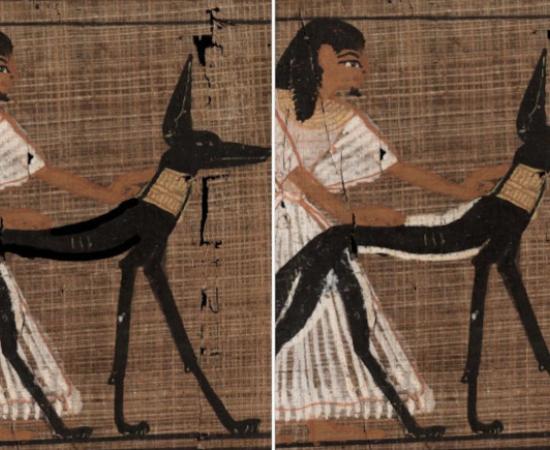 Before and after use of correction fluid on jackal god Wepwawet, in the Book of the Dead