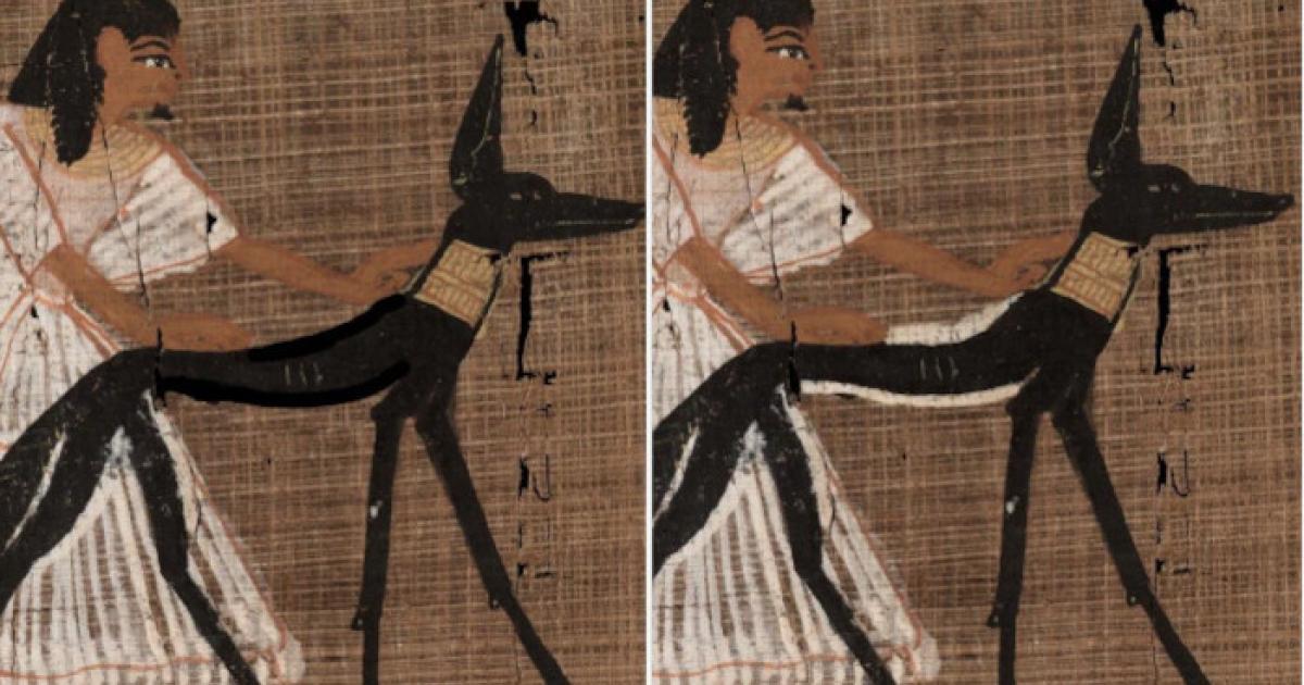 Before and after use of correction fluid on jackal god Wepwawet, in the Book of the Dead