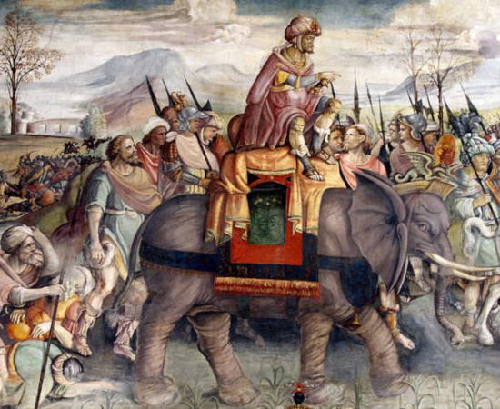 Painting Hannibal Crossing the Alps; detail from a fresco by Jacopo Ripanda