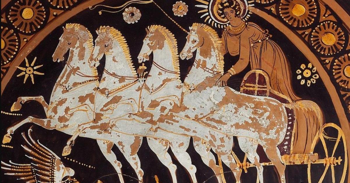 Eos on her chariot portrayed on black and red pottery.