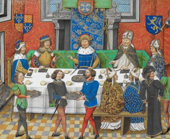 Illustration of John of Gaunt, Duke of Lancaster, dining with John I, King of Portugal, in 1386