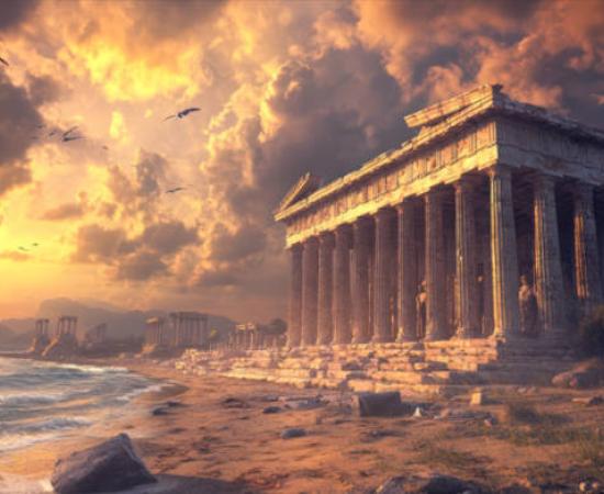 Representation of a Greek beach, ruins, with ominous sky. 