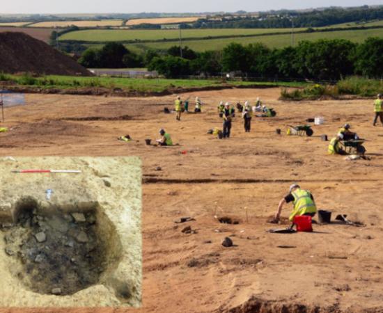 The Tregunnel Hill site in Cornwall under excavation. Inset, a Neolithic pit.