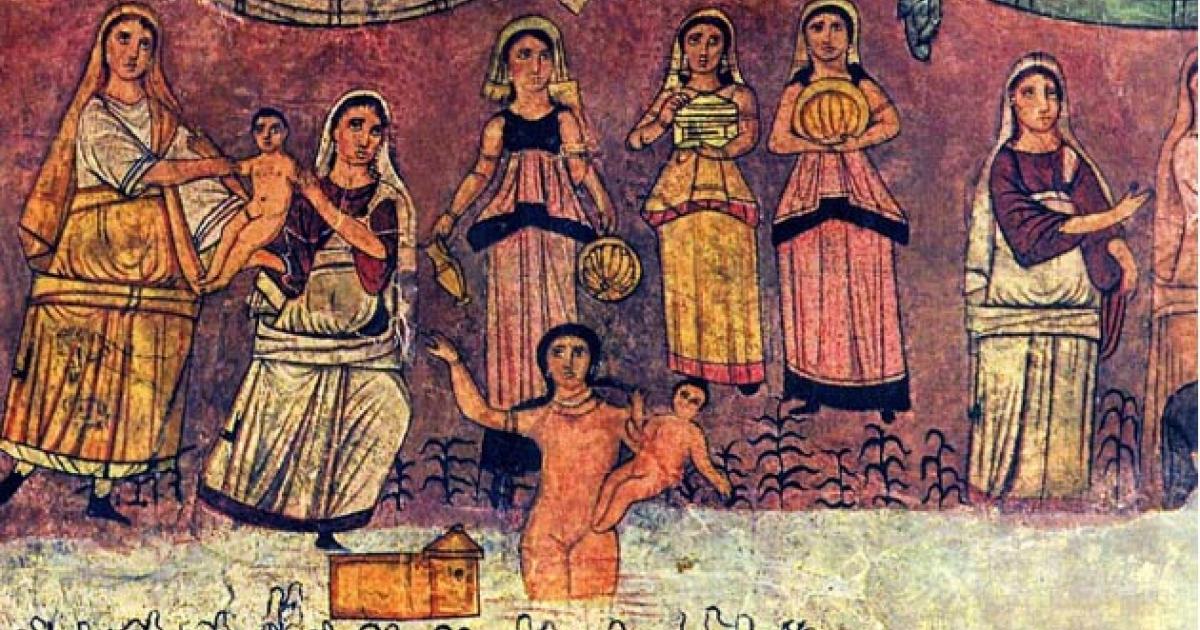 Hellenistic Jewish synagogue fresco Moses being taken from the river Nile. 	Source: Public Domain