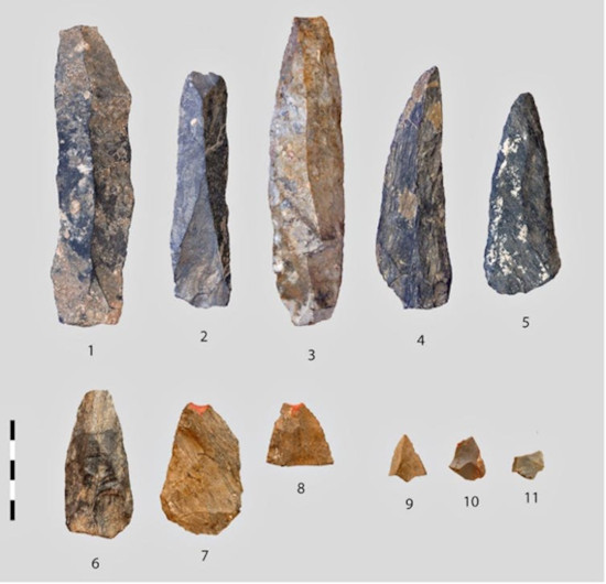 Elements of lithic industry from layer 21 at Obi-Rakhmat:
