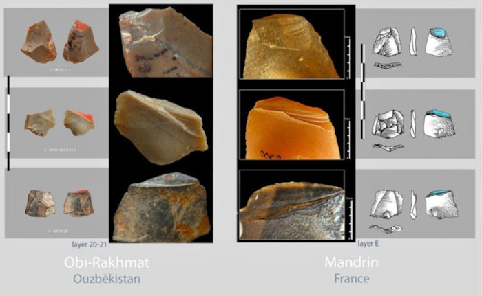 Morphological and functional similarity between the micro-points of Obi-Rakhmat and Mandrin, broken by their use as projectile head.