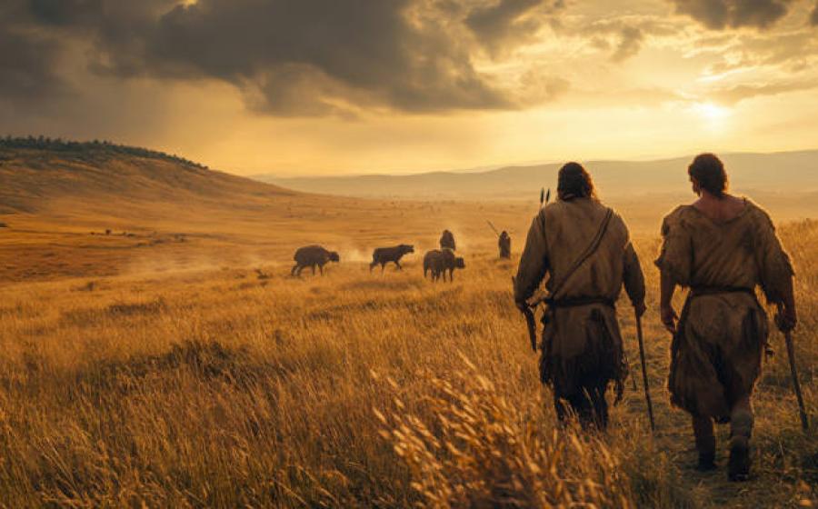 Prehistoric Hunters Sunset Journey Bison Grassland Ancient Spears. (AI generated)