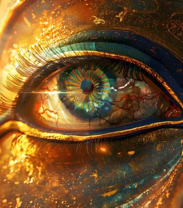 Close-up of a golden Egyptian eye featuring a glowing cosmic iris and shimmering sparks.