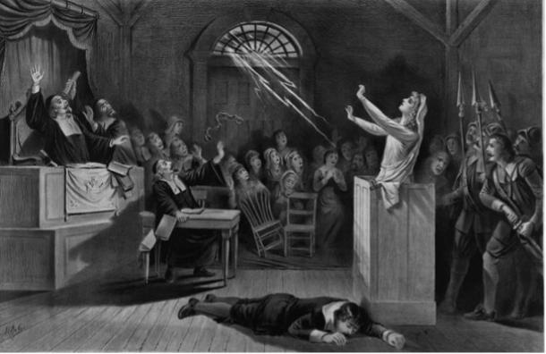 Lithograph of medieval witch with real supernatural powers being put on trial.
