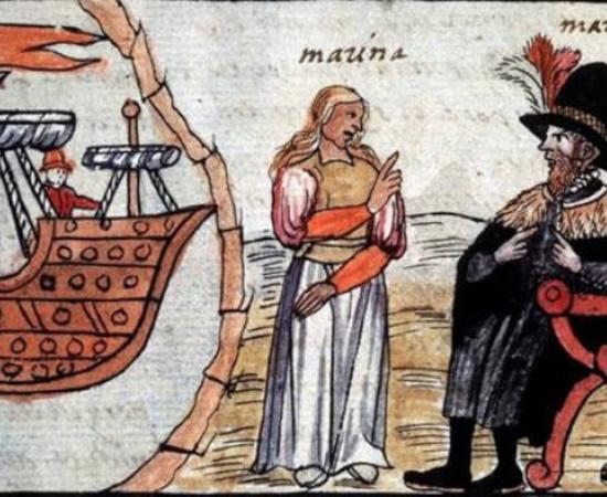 Hernán Cortés and La Malinche depicted in the Durán Codex from 1576