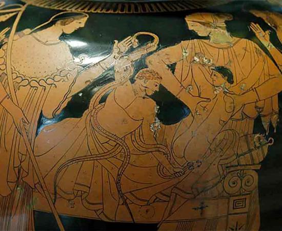The infant Heracles strangling the snakes sent by the goddess Hera (a woman protects Iphiclyse on the right).	Source: Public Domain