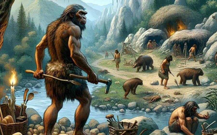 Neanderthal daily life image produced by Generative AI.