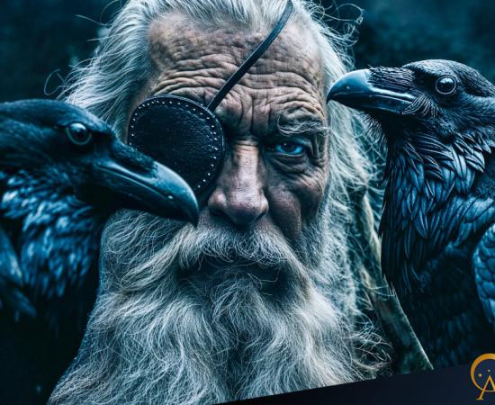 Odin with his two ravens, Huginn and Munninn.