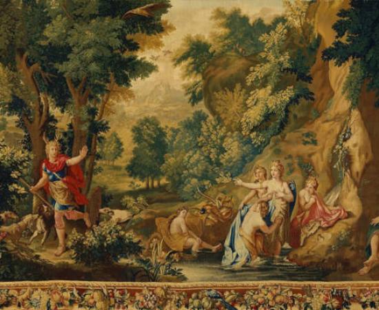 Painting, Acteon, having accidentally seen the goddess Diana and her nymphs bathing, begins to change into a stag