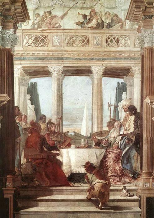 In this painting, The Banquet of Cleopatra, also by Giovanni Battista Tiepolo (1696–1770), Cleopatra’s pearl is in her outstretched hand as she likely tells Mark Antony in regal Roman dress how she will win the bet. (Giovanni Battista Tiepolo / Public domain)