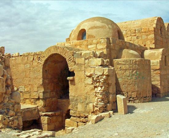 East (front) elevation and portion of south side of Qusayr Amra, Jordan.