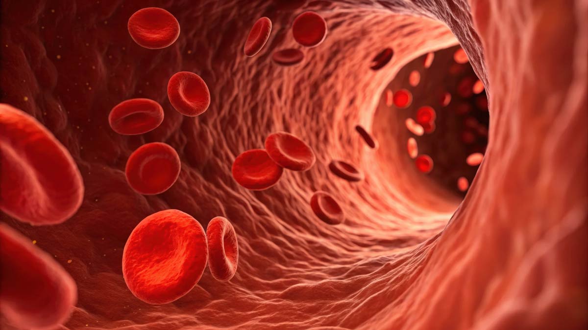 Blood cells flowing through a human blood vessel.
