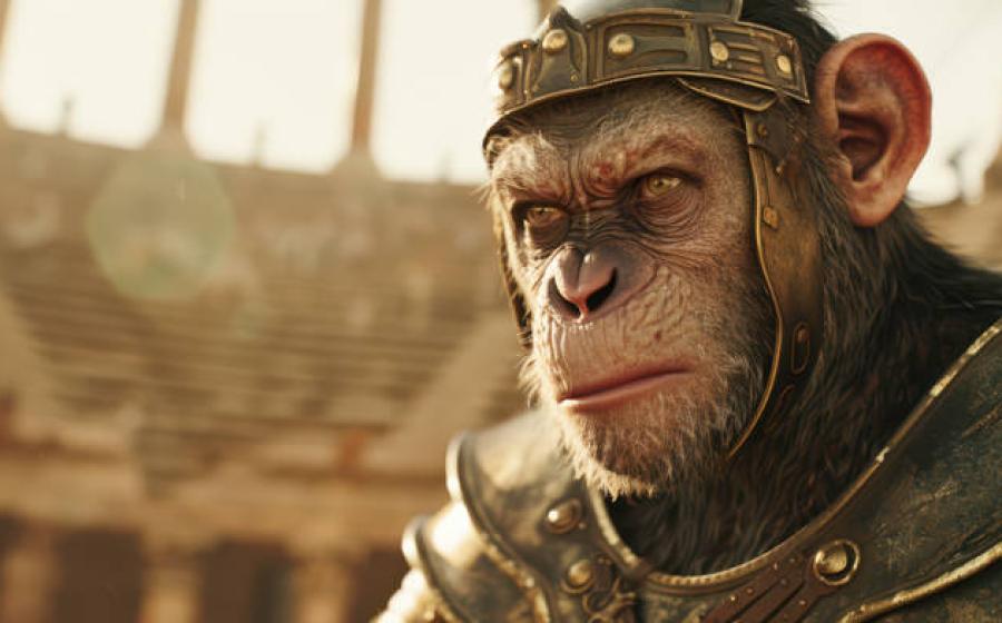 Monkey dressed in Roman asrmor in an amphitheater.