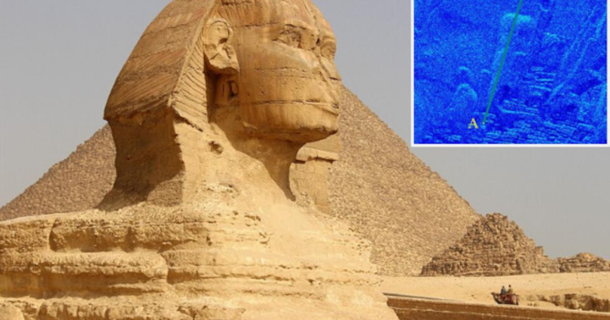 The Great Sphinx of Giza with the Pyramid of Khafre in the background. Insert scan of the proposed location of second sphinx.