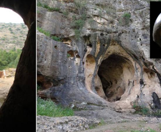 The entrance to Skhul Cave on Mount Carmel, Israel, with Inset; Skhul 1 skull.
