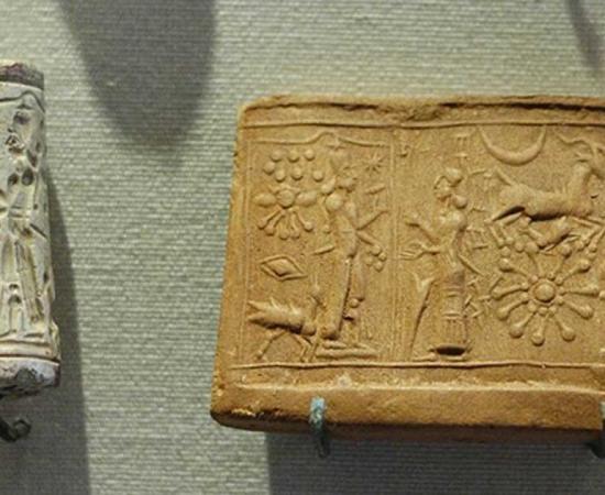 Cult scene: the worship of the sun-god, Shamash. Limestone cylinder-seal, Mesopotamia. 