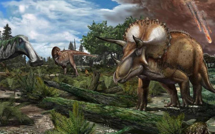 Reconstruction of a late Maastrichtian (~66 million years ago) palaeoenvironment in North America, where a floodplain is roamed by dinosaurs like Tyrannosaurus rex, Edmontosaurus annectens and Triceratops prorsus.