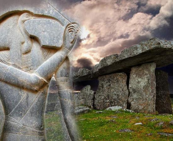 Deriv; Ancient Celtic dolmen from Poulnabrone, Ireland and carved Egyptian deity Thoth 