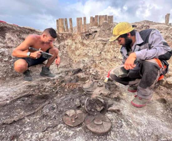 Researchers at the excavation of the 2nd-century BC Thracian warrior burial