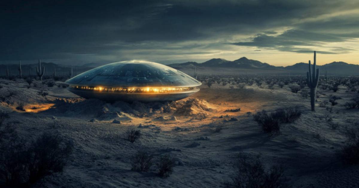 AI image of desert landscape outside Roswell at dusk, with low rolling hills and a UFO spacecraft partially buried in sand and surrounded by metallic debris.
