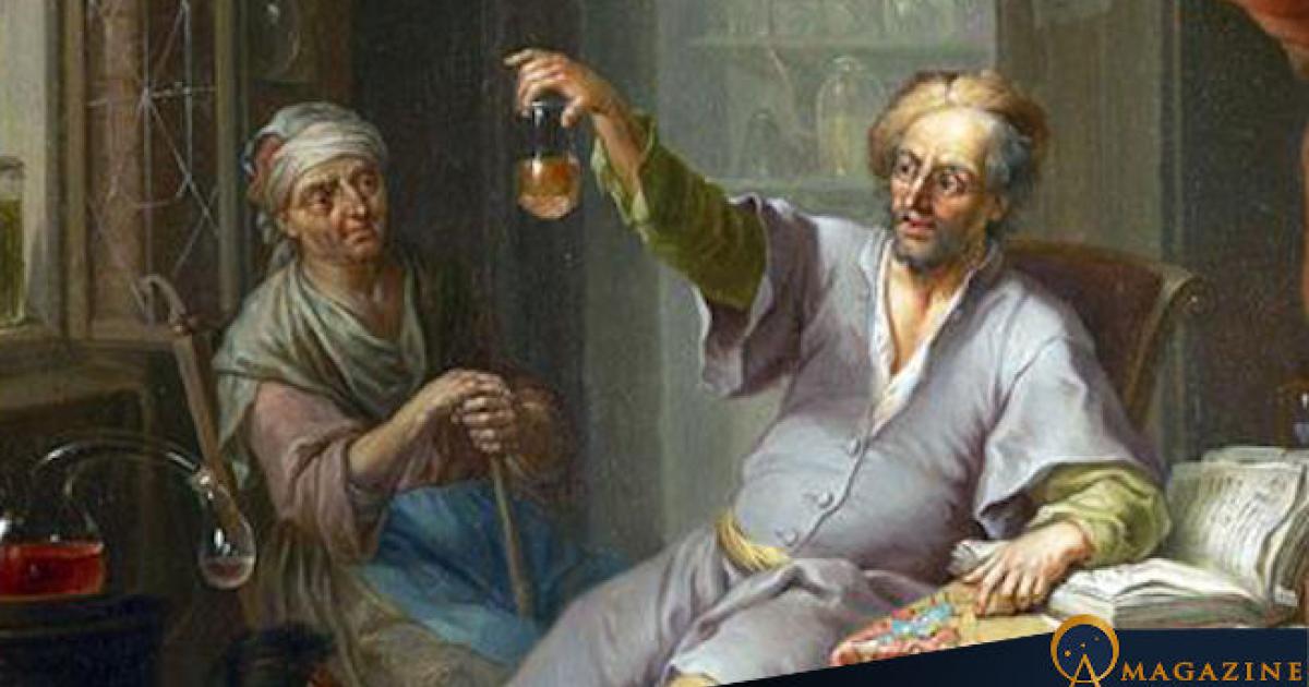 A Medieval Doctor examining a bottle filled with a liquid