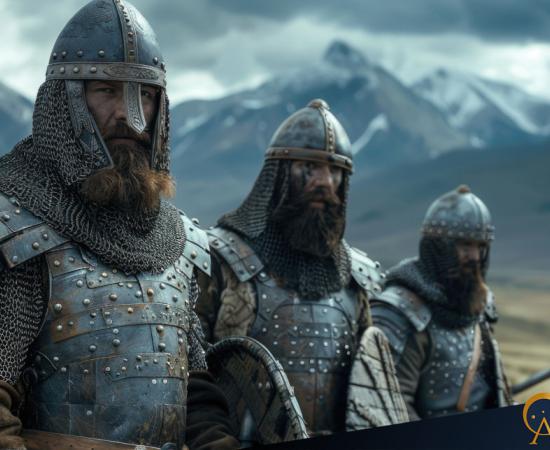 AI image of Slavic male warriors in chain mail.