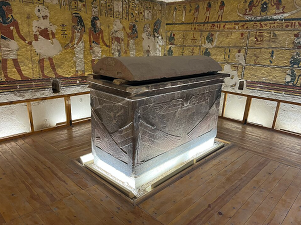 This is a view of the WV23 tomb burial chamber and restored sarcophagus of King Ay in the Western Valley of the Kings